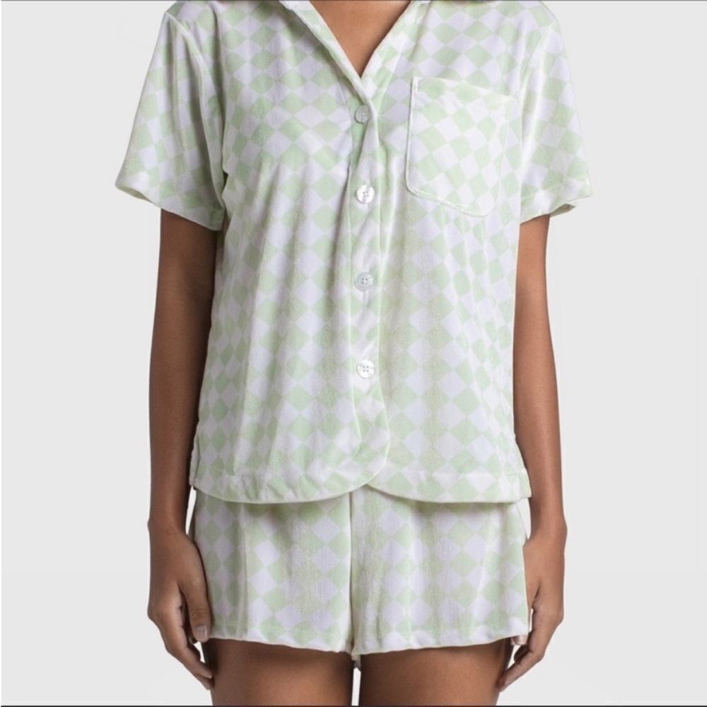 Frankies Bikinis Sage green and white checkered collared coco velvet shorts